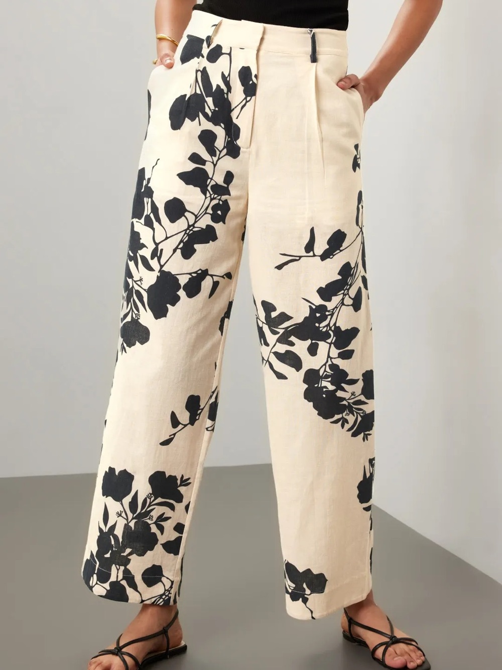 Carolina K Zai Trousers Wide Leg Cream Black Floral Print Dress Pants